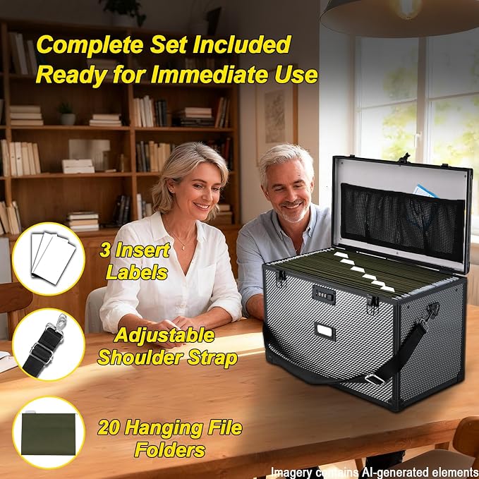 Hanging File Box for Legal, All-in-one set with 20 Folders | Portable Locking Filing Storage Box with Handle & Shoulder strap, Lockable File Cabinet Documents Safe, Lockbox Doc Organizer - Image 2