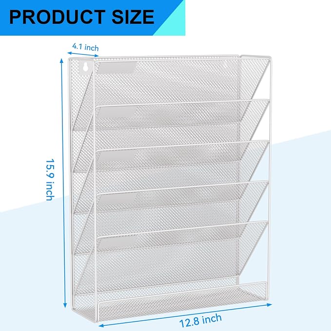 Wall File Organizer Holder Mesh Hanging Paper Document Holder, Vertical 6 Pocket Tier for Office Home, Silver - Image 3
