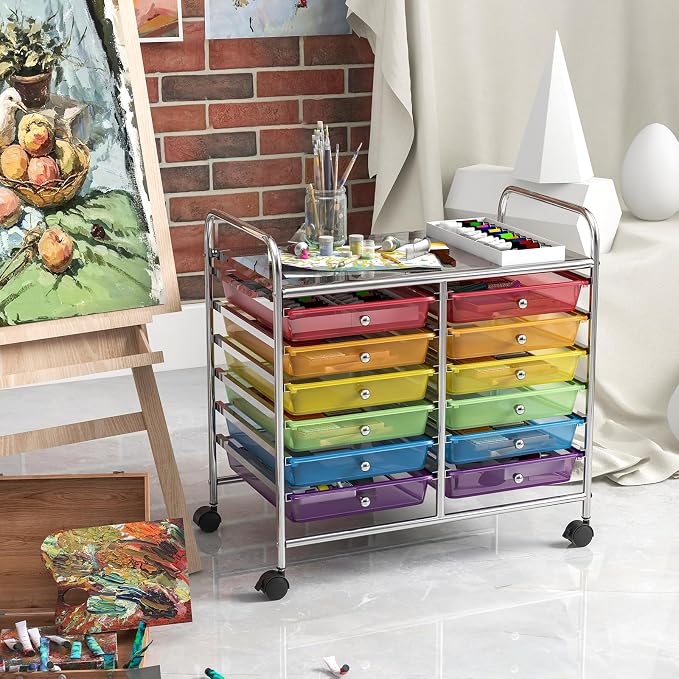 GOFLAME 12-Drawer Rolling Storage Cart, Multifunctional Art Craft Organizer Cart, Mobile Utility Storage Cart with Removable Drawers & Lockable Wheels, Craft Cart for Home Office School, Rainbow - Image 8
