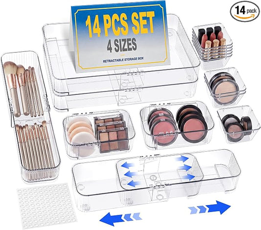 Aneco 14 Pieces Extendable Clear Drawer Organizer Adjustable Vanity Storage Box 4-Size Desk Drawer Divider Acrylic Storage Bins for Makeup, Cosmetic, Jewelries, Bedroom Kitchen Utensils Gadgets by Aneco