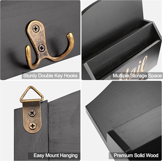 Mail Organizer Wall Mount, Wooden Mail Sorter Wall Mounted with 3 Double Hooks, Mail Letter Holder and Key Holder for Home Entryway Hallway Office Room Wall Decorative - Image 6