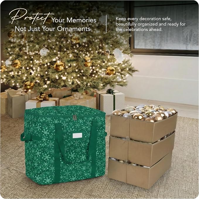 Covermates Keepsakes Adjustable Ornament Storage Bag – Heavy-Duty Polyester, Padded Dividers & FlexGrid Trays – Protective Holiday Ornament Organizer with Handles & Label Window, Green Snowflake - Image 2