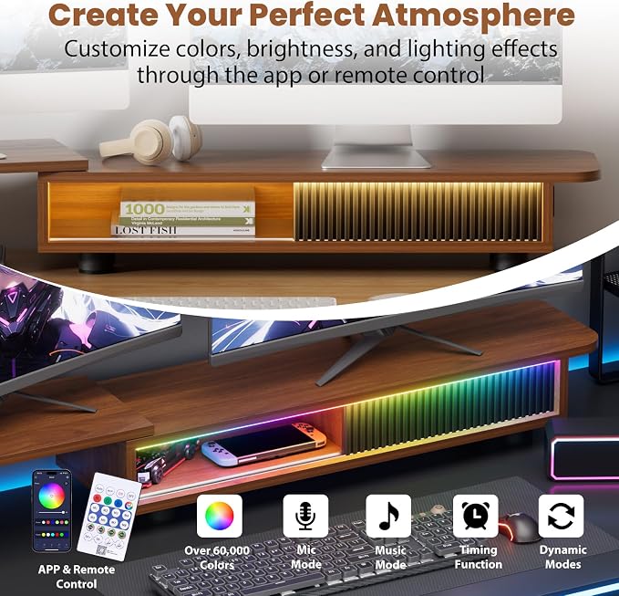 Artswish Dual Monitor Stand with Power Outlet, Brown Desk Monitor Riser | 2 AC Outlets & 2 USB Ports, RGB Lighting, Sliding Storage, Flexible Side Shelf, Desk Riser for Office, Work and Study - Image 6