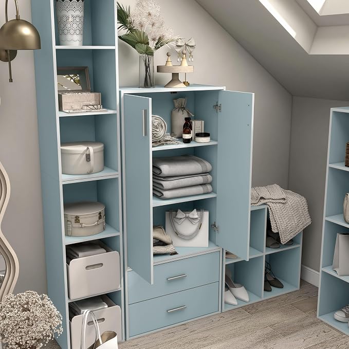 Homes: Inside + Out Apexa 3-Tier Stackable Wood Bookcase with Doors, Cube Storage Organizer Shelves, Small Food Pantry Cabinet, Dorm Teen Room Decor & Bedroom, Home Office, Kitchen, Light Blue - Image 8