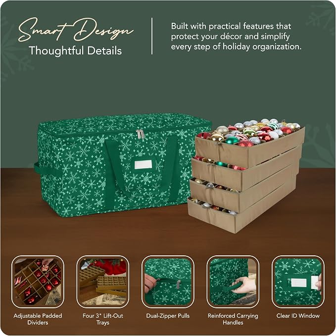 Covermates Keepsakes Adjustable Ornament Storage Bag – Heavy-Duty Polyester, Padded Dividers & FlexGrid Trays – Protective Holiday Ornament Organizer with Handles & Label Window, Green Snowflake - Image 4