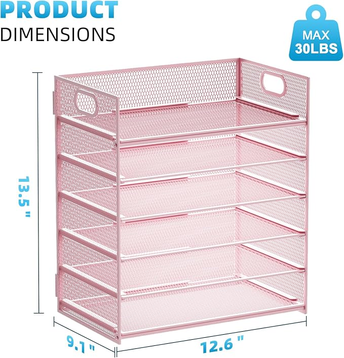 Marbrasse 2 Pack Desk Organizer with Handle, 6 Tier Paper Letter Tray, Mesh Desk File Organizer for Office, School and Home - Pink - Image 4