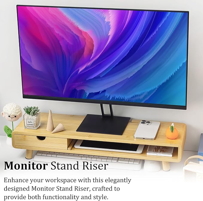 Homerays Monitor Stand with Drawer, Exquisite Computer Monitor Stand for Desk, Ergonomic Wood Monitor Stand Riser for Computer,Laptop,Printer,TV,Upgrade Bamboo - Image 6