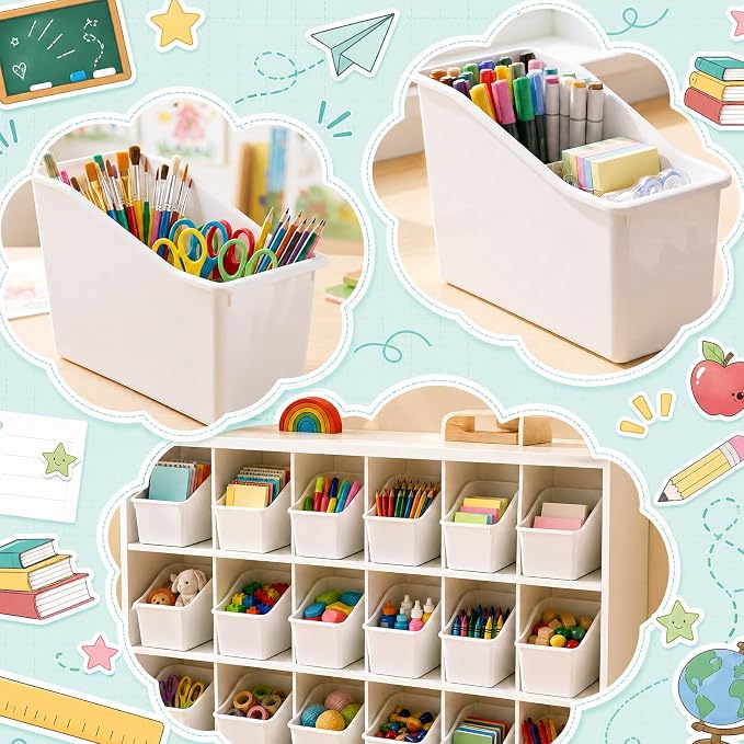 12 Pcs Book Bins for Classroom Plastic Binder Holder Magazine Stuff Folder File Organizer Box for Home Office School Supplies (White) - Image 5