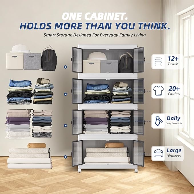 SAILUN 464Qt Stackable Storage Bins,Storage Cabinet with a Lid,4 Pack White | Stackable Storage Drawers with Lids,26" W x 17" D x 56.7" H,Featuring open-front Access for Clothes and Closet Storage - Image 5