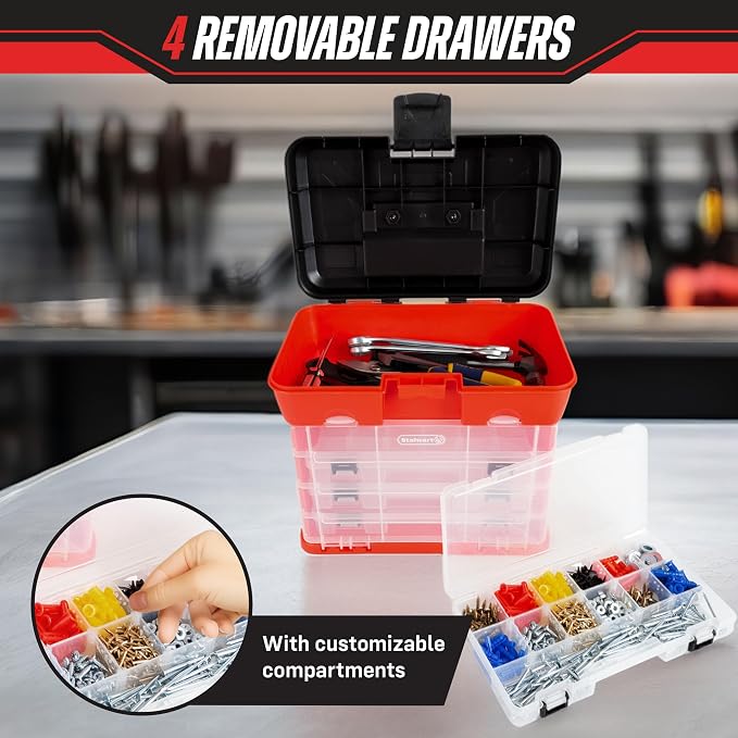 Small Parts Organizer Box - 11-Inch Portable Storage Case with 4 Removable Multi-Compartment Trays for Screws, Beads, Small Fishing Tackle, Hardware, and Craft Supplies by Stalwart (Red) - Image 4