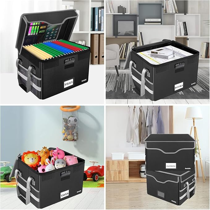 DocSafe Fireproof Document Box with Lock, File Storage Organizer with Mesh Pockets, Collapsible Portable File Box Home Office Safe Filing Cabinet with Handle for Hanging Letter/Legal Folder, Black - Image 2