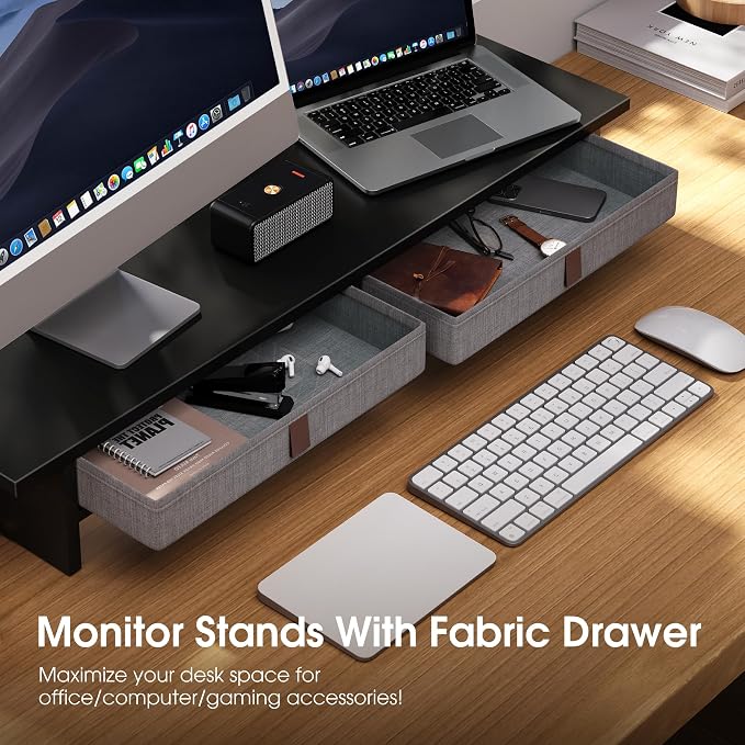 Fenge 35 Inch Monitor Stand with Drawer Storage, Computer Riser for Desk | Wooden Computer Shelf, 2 Tiers, for Dual Monitor/Laptop/PC/TV/Printer up to 55Lbs, Home Office Desk Organizer - Image 4