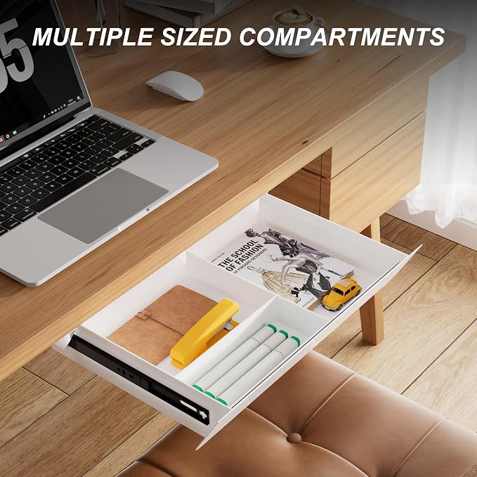 White Under Desk Drawer with Removable Tray, 15.4" Wide 2-in-1 Organizer – 60° Ergonomic Tilt, 4-Compartment Insert for Pens, Phones & Cables, Ball Bearing Slides, for Home Office & Student Desk - Image 3