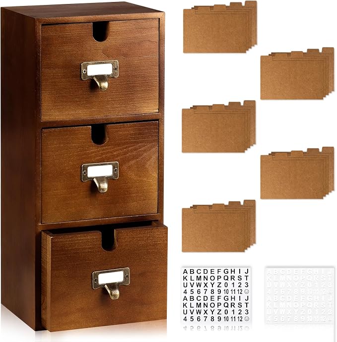 3 Tier Index Card Holder 3x5 Wooden Card Catalog Box with 3 Drawers Brown Index Card Storage Box Flash Card Holder 25 Index Card Dividers 2 Letter Smile Stickers for Office by DLUGOPIS