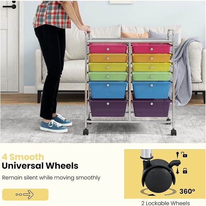 COSTWAY 12-Drawer Rolling Storage Cart, Moveable Art Craft Organizer | Lockable Wheels, Metal Shelf, Files Arrangement Tools Makeup Storage Cart for Office, Home, School (Rainbow) - Image 4