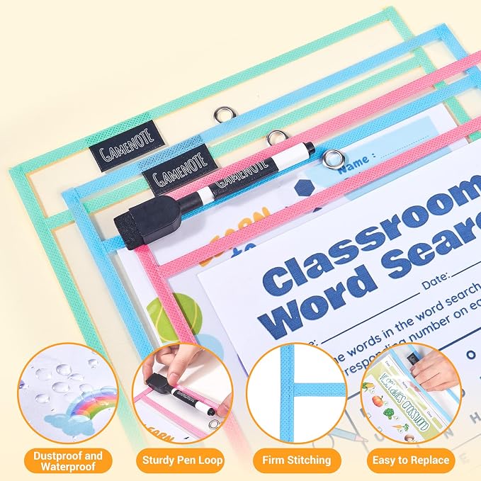 GAMENOTE 30 Pack Pastel Dry Erase Pockets, 10x14 Reusable Sleeves | 30 reusable PVC pockets hold 8.5 x 11 and 9 x 12 sheets; double sided wipe clean surfaces, pen loops, eyelets, and 5 rings - Image 2