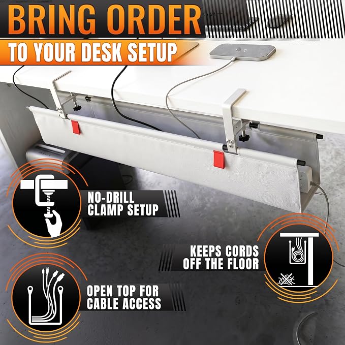Under Desk Cable Management Tray 36" — No Drill Clamp-On Cord Organizer for Desk with Built-in Ties, Heavy Duty Metal Clamp, Foldable 600D Oxford Fabric for Home Office, WFH & Gaming PC Setup (White) - Image 4