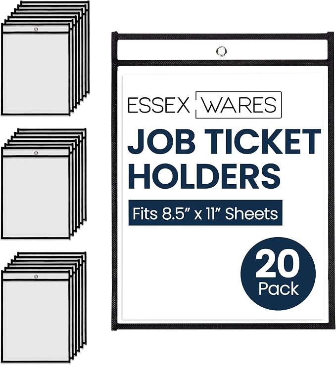 Essex Wares - 20 Pack, Black Job Ticket Holders, 10" Wide x 13.5" Tall | Water-Resistant, Shop Ticket Holders, Document Protectors, Clear Plastic Sleeves, Reusable & Easy Erase, Dry Erase Pockets by EssexWares