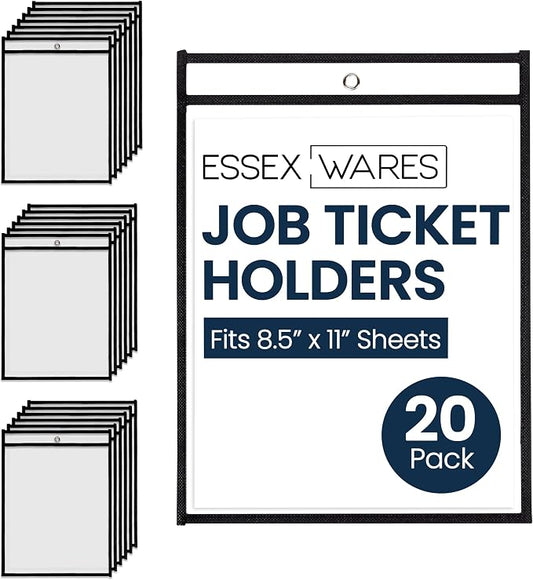 Essex Wares - 20 Pack, Black Job Ticket Holders, 10" Wide x 13.5" Tall | Water-Resistant, Shop Ticket Holders, Document Protectors, Clear Plastic Sleeves, Reusable & Easy Erase, Dry Erase Pockets by EssexWares