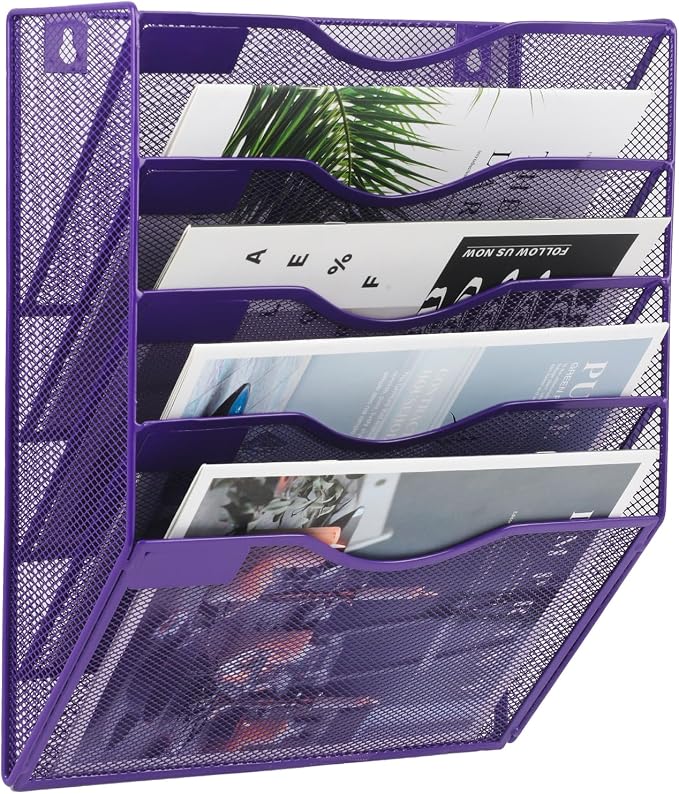 5 Pocket Mesh Hanging Wall File Organizer, Wall Mounted Mail Paper Document Folder Holder, Clipboard Storage Organization Magazine Rack with Nametag Label for Office Home School, Purple by EASEPRES