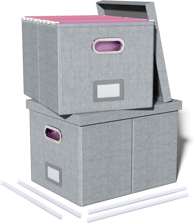 2 Pack File Storage Organizer, Filing Box, Portable File Box with Lid, Fit for Letter/Legal File Folder Storage, Document Organizer, Gray by Oterri