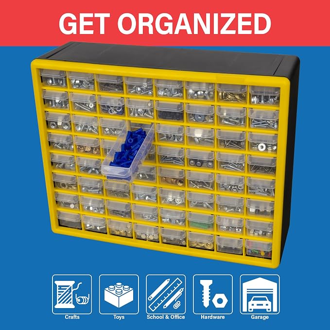 Akro-Mils 64-Drawer Plastic Storage Cabinet, 20"W x 6"D x 16"H, Yellow | Plastic Cabinet w/ Drawers for Garage Organization, Beads, Building Bricks Storage, Teacher Toolbox, Makeup Organizer, 10164 - Image 4