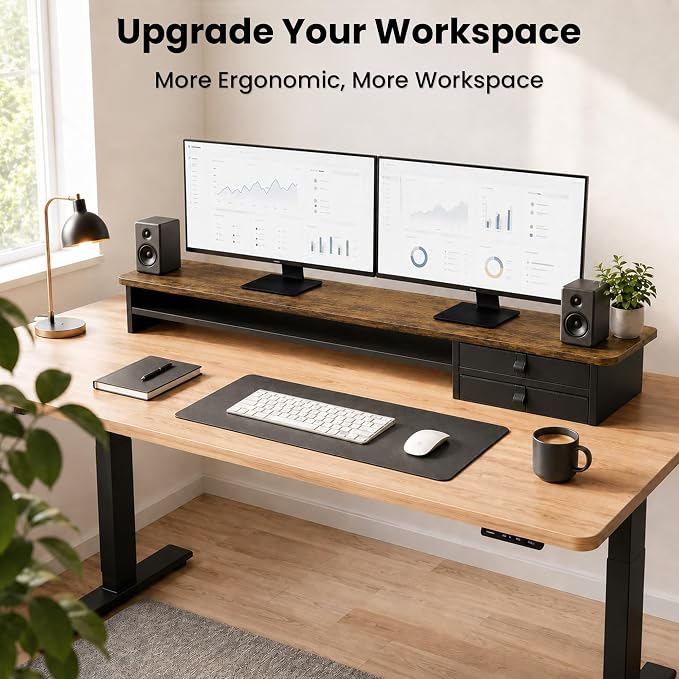 Dual Monitor Stand, 42.5 Inch Wood Monitor Riser with Drawers, 2 Tier Desktop Organizer for Computer Laptop TV, Large Screen Stand for Home Office Desk - Image 8