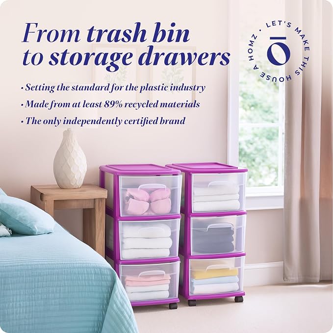 HOMZ 2-Pack Drawer Tower, 3-Tier Clear Plastic Storage Organizer Cart, Purple Frame - Organizing Containers with Wheels for Home, Bathroom, Bedroom, Office, and Classroom - Image 8