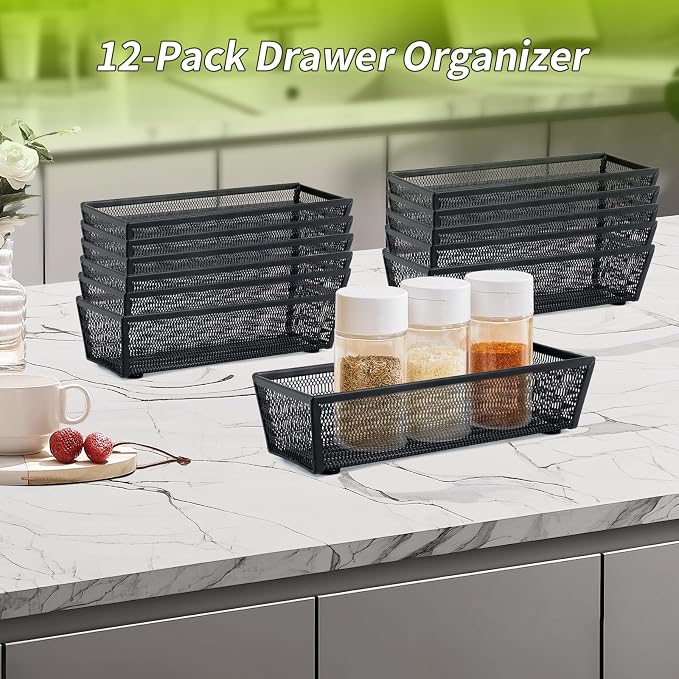 Neudeco Silverware Organizer, Black, 9 x 3 x 2 inch, Pack of 12 | Mesh Drawer Organizer, Metal Construction, For Kitchen Utensils & Flatware, Multi-Purpose Use - Image 5