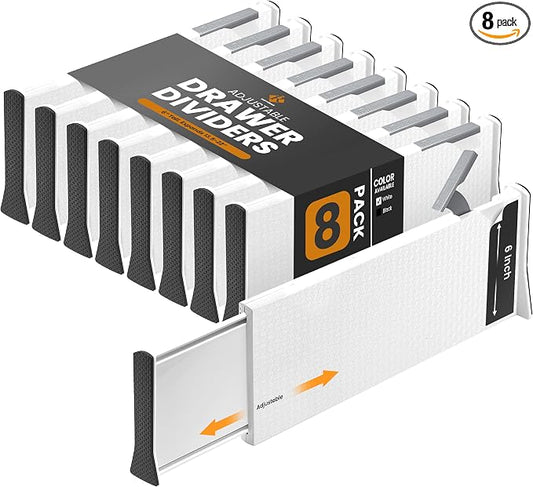 RAPTUROUS Adjustable Deep Drawer Divider – 6" Tall, Expandable 13-22", 8-Pack, Non-Slip Drawer Dividers for Clothes, Dresser, Kitchen & Office Organization (White) by Rapturous