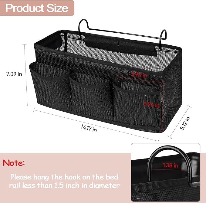 Bedside Caddy Bedside Hanging Organizer Bag with 3 Pockets for Dorm Hospital College Bunk Bed to Storage Books Phones Remote Control (Black) - Image 3