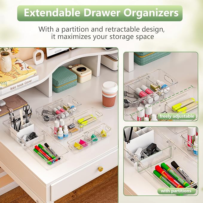 BLULEE 4-in-1 Expandable Drawer Organizer Set, Adjustable Clear Bins | with Dividers for Kitchen, Bathroom, Vanity & Office, Scalable Trays for Cosmetics, Utensils & Desk Accessories (16 Pcs) - Image 3