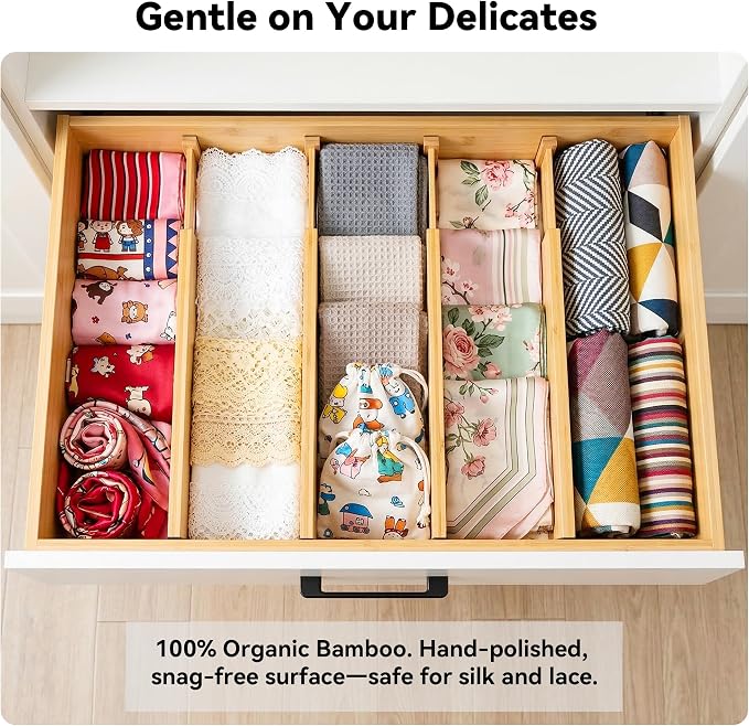 4 Pack Deep Drawer Dividers, 6" High Bamboo Expandable Drawer Organizers, 17-22" Adjustable Tension Separators, Large Drawer Dividers for Kitchen, Bedroom Dresser, Baby Nursery & Bathroom - Image 6