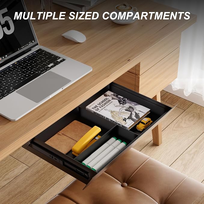 Under Desk Drawer with Removable Tray, 15.4" Wide 2-in-1 Organizer – 60° Ergonomic Tilt, 4-Compartment Insert for Pens, Phones & Cables, Ball Bearing Slides, for Home Office & Student Desk - Image 3