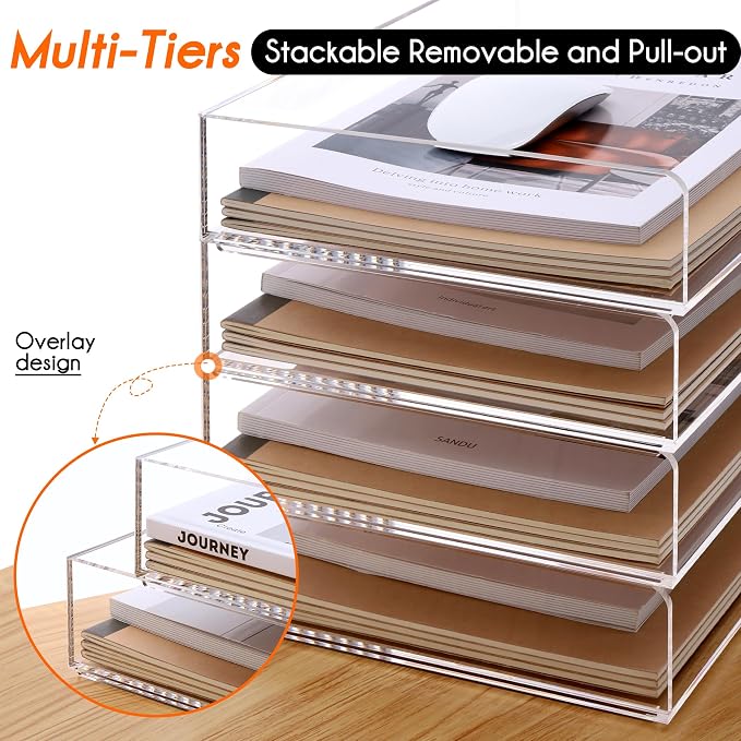 HeZone Paper Organizer, 2 Tier Stackable A4 Size Acrylic Letter Tray, Office/Home/School Organization - Clear - Image 5