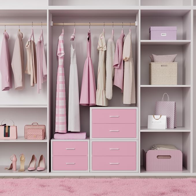 BOLUO Stackable Storage Drawers Closet Organizers and Storage Fabric White 2 Drawer Dresser for Bedroom Modern Pink - Image 2