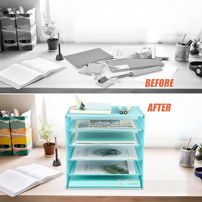 5 Slot Mesh Desk Organizer Tray, File Paper Letter Folder Holder Desktop Paper Sorter Mail Organization Rack Storage Accessories, for Office Home School Classroom, Blue - Image 3