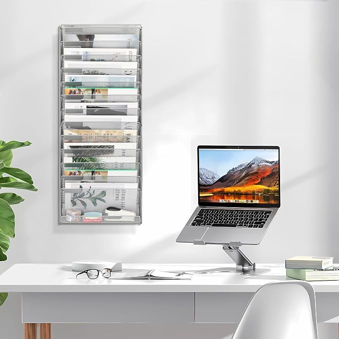 EasyPAG Wall File Holder 14 Tier Mesh Hanging Folder Organizer with Flat Tray Wall Mounted Mail Organizer Magazine Paper Desk Shelf with Nametag Label for Office Home School, Silver - Image 9