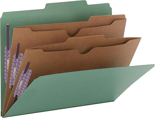 Smead Pressboard Classification File Folder with SafeSHIELD Fasteners, 2 Pocket Dividers, 2" Expansion, Letter Size, Green, 10 per Box (14083) by SMEAD