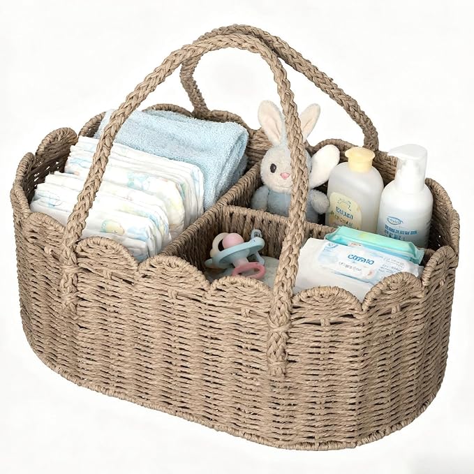 Diaper Caddy Organizer, Paper Rope Storage Baskets Nursery Bin with Removable Divider, Portable Car Organizer for Diapers, Baby Shower Gifts, Newborn Essentials Must Haves (Beige) by Unknown