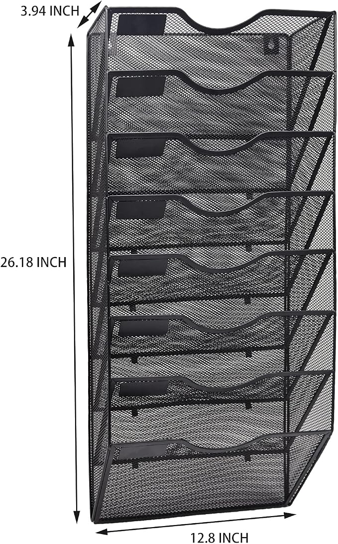 8 Pocket Mesh Hanging Wall File Organizer, Wall Mounted Mail Paper Document Folder Holder, Clipboard Storage Organization Magazine Rack with Nametag Label for Office Home School, Black - Image 2