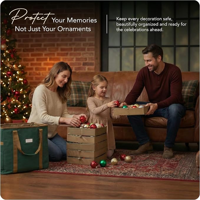 Covermates Keepsakes Adjustable Ornament Storage Bag – Heavy-Duty Polyester, Padded Dividers & FlexGrid Trays – Protective Holiday Ornament Organizer with Handles & Label Window, Green - Image 2