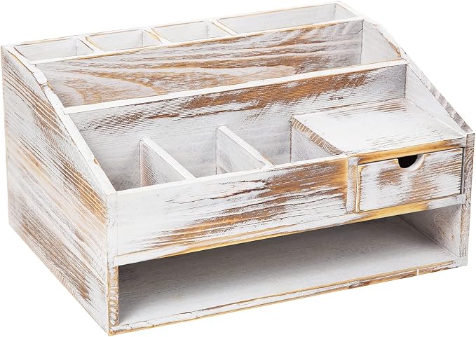 Wood Desk Drawer Organizers with File Organizer Pen holder Office Decor combo Organization Home Can Arrange calculators scissors pens note papers, etc. (washed white) - Image 3