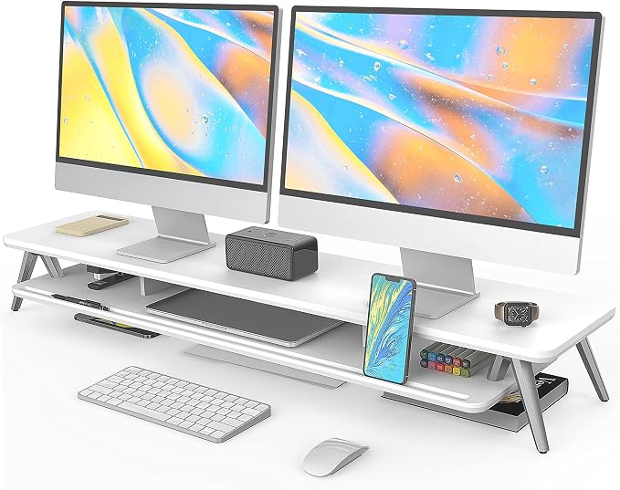Fenge Dual Monitor Stand, Monitor Stands Riser for 2 monitors, 42.5 Inch Wood Desk Shelf with Storage Organizer and Cable Management for Office Desk Accessories by Fenge
