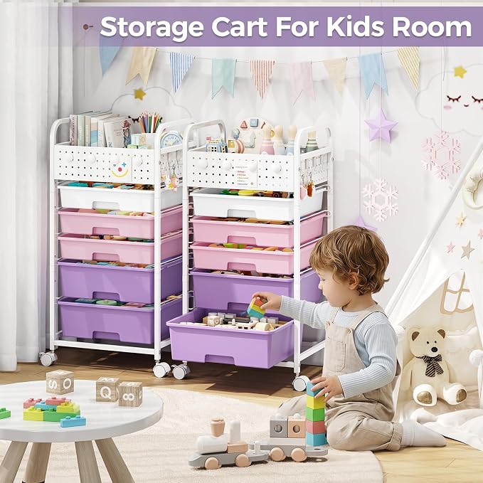 5 Drawer Rolling Storage Cart with Pegboard Top and Hooks, Dreamy Color | Mobile Organizer Cart with Wheels for Office Supplies, Craft Storage, Classroom Organization, Home Utility Cart - Image 8