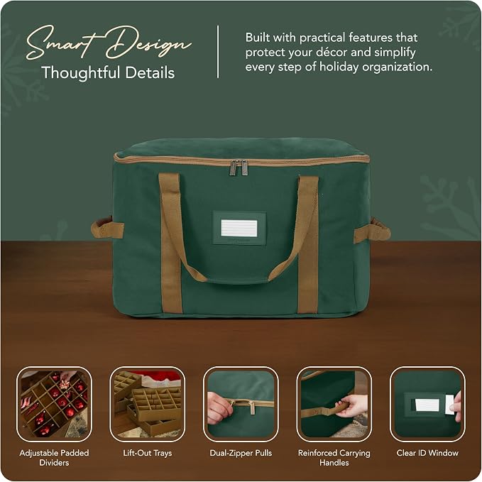 Covermates Keepsakes Adjustable Ornament Storage Bag – Heavy-Duty Polyester, Padded Dividers & FlexGrid Trays – Protective Holiday Ornament Organizer with Handles & Label Window, Green - Image 4