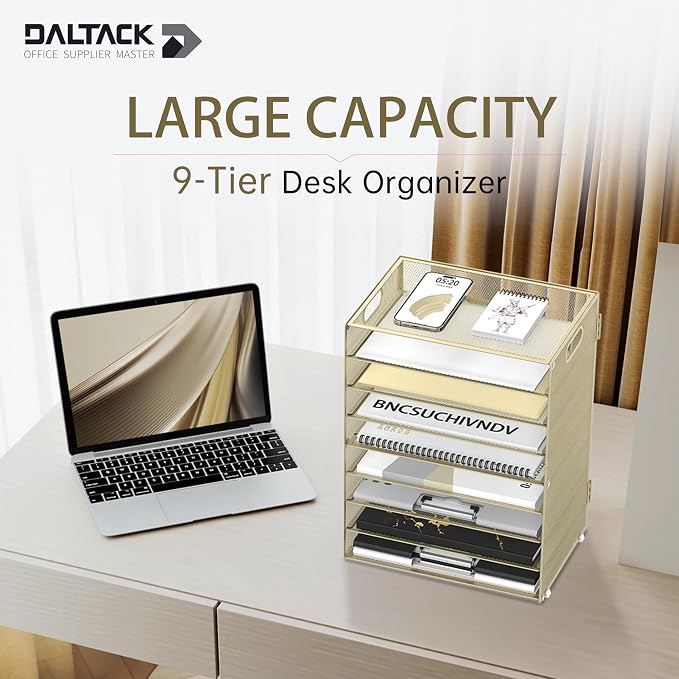 9-Tier Paper Organizer for Desk, Letter Tray with Handles, Golden Yellow | Desk File Organizer with Removable Trays for Sorting Files, Folders, Mail and Printer Paper at Home, School or Office - Image 2