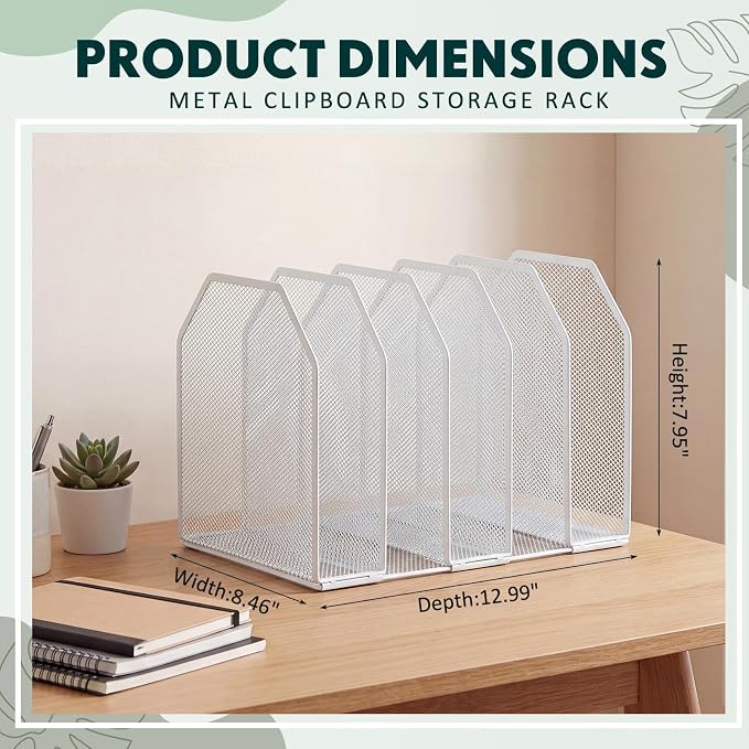 Sliner 1 Pcs 7 Slot Metal Clipboard Holder for Desk, File Organizer, White | Vertical Classroom Clipboard Holder, Mesh File Storage Rack, Wire Document Sorter for School Teacher Home Office Supplies - Image 2
