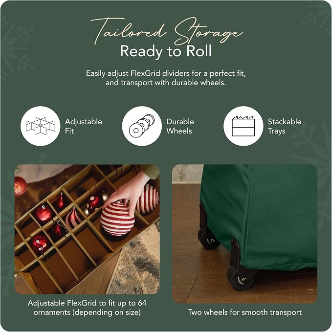 Covermates Keepsakes Rolling Adjustable Ornament Storage Bag – Heavy-Duty Polyester, FlexGrid Trays & Padded Dividers – Protective Holiday Organizer with Wheels, Handles & ID Window, Green - Image 5