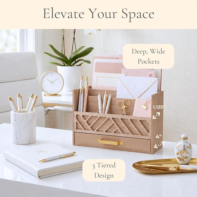BLU MONACO | Wooden Mail Organizer with Drawer and Gold Handle | Outgoing Mail Holder and Letter Sorter for Desk | Natural Wood Desktop Paper Organizer - Image 4